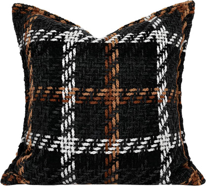 Indoor/Outdoor Tweed Brown Striped Plaid Farmhouse Decorative Throw Pillow Cover 18X18 in Luxury Accent Neutral Textured Art Cushion Pillow Case for Living Room Couch Bed Sofa