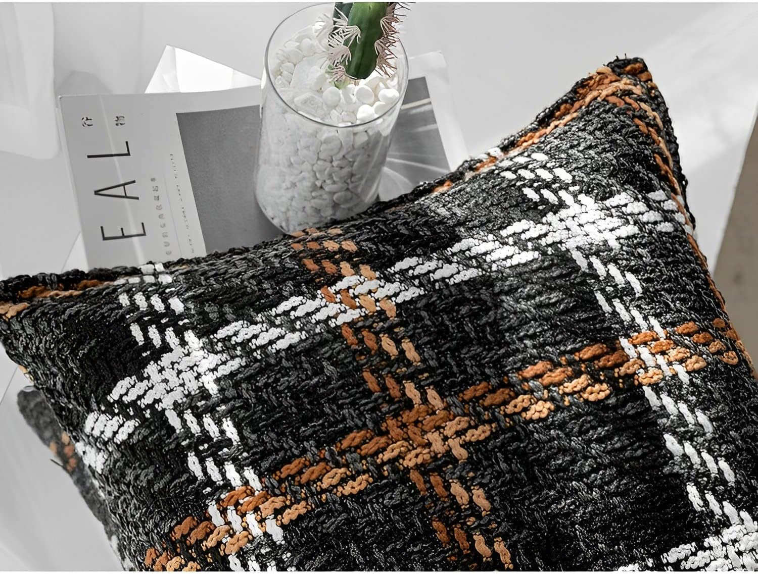 Indoor/Outdoor Tweed Brown Striped Plaid Farmhouse Decorative Throw Pillow Cover 18X18 in Luxury Accent Neutral Textured Art Cushion Pillow Case for Living Room Couch Bed Sofa