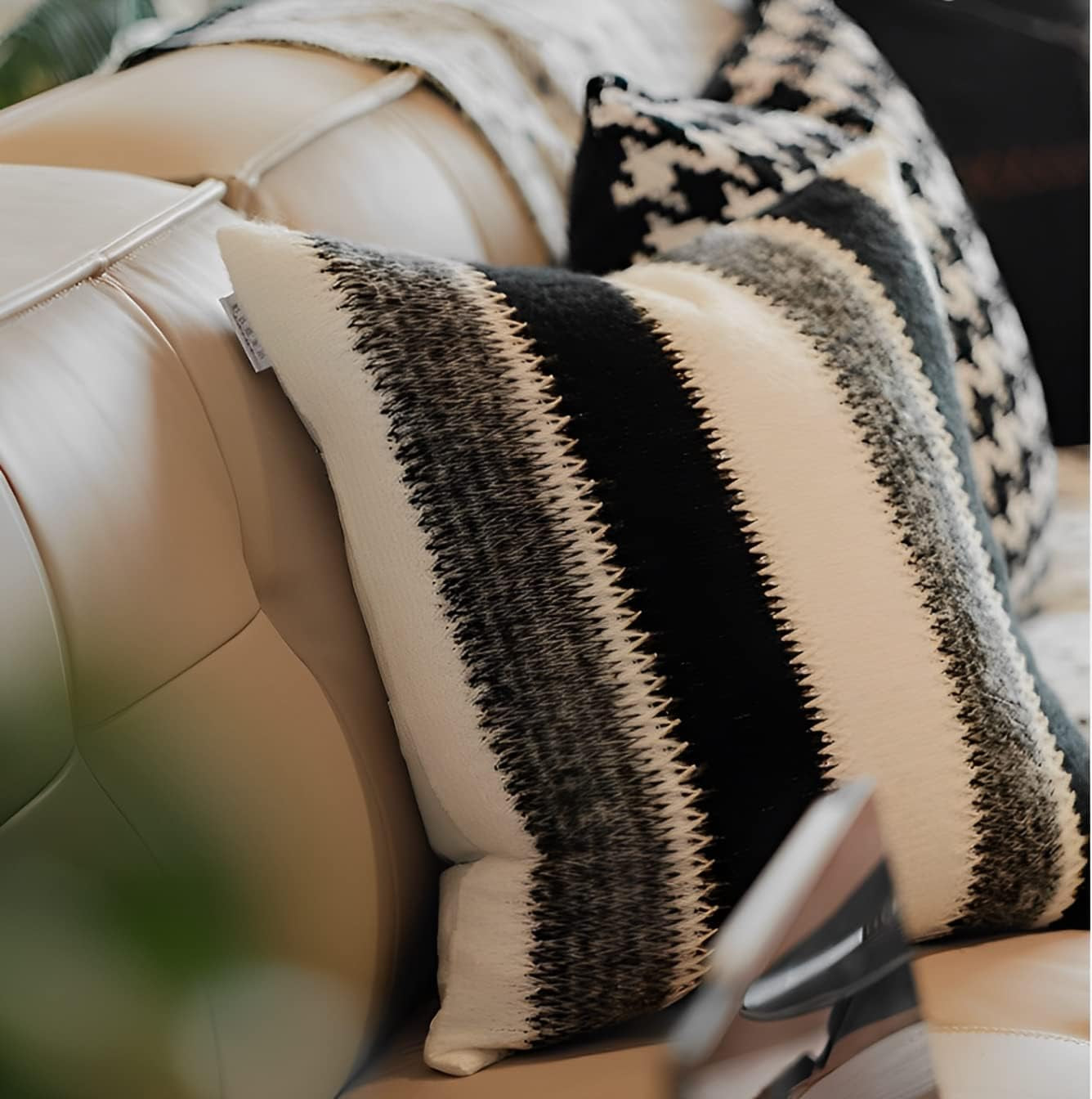 Indoor/Outdoor 20X20 in Black&White&Gray Stripes Wool Farmhouse Decorative Throw Pillow Cover Accent Neutral Textured Art Decor Cushion Pillow Case for Living Room Couch Bed Sofa