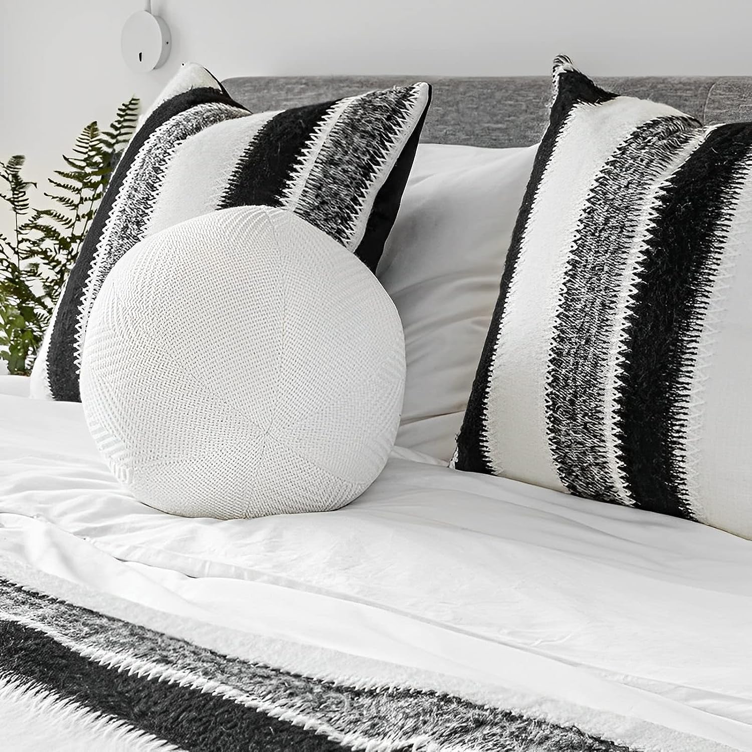 Indoor/Outdoor 20X20 in Black&White&Gray Stripes Wool Farmhouse Decorative Throw Pillow Cover Accent Neutral Textured Art Decor Cushion Pillow Case for Living Room Couch Bed Sofa