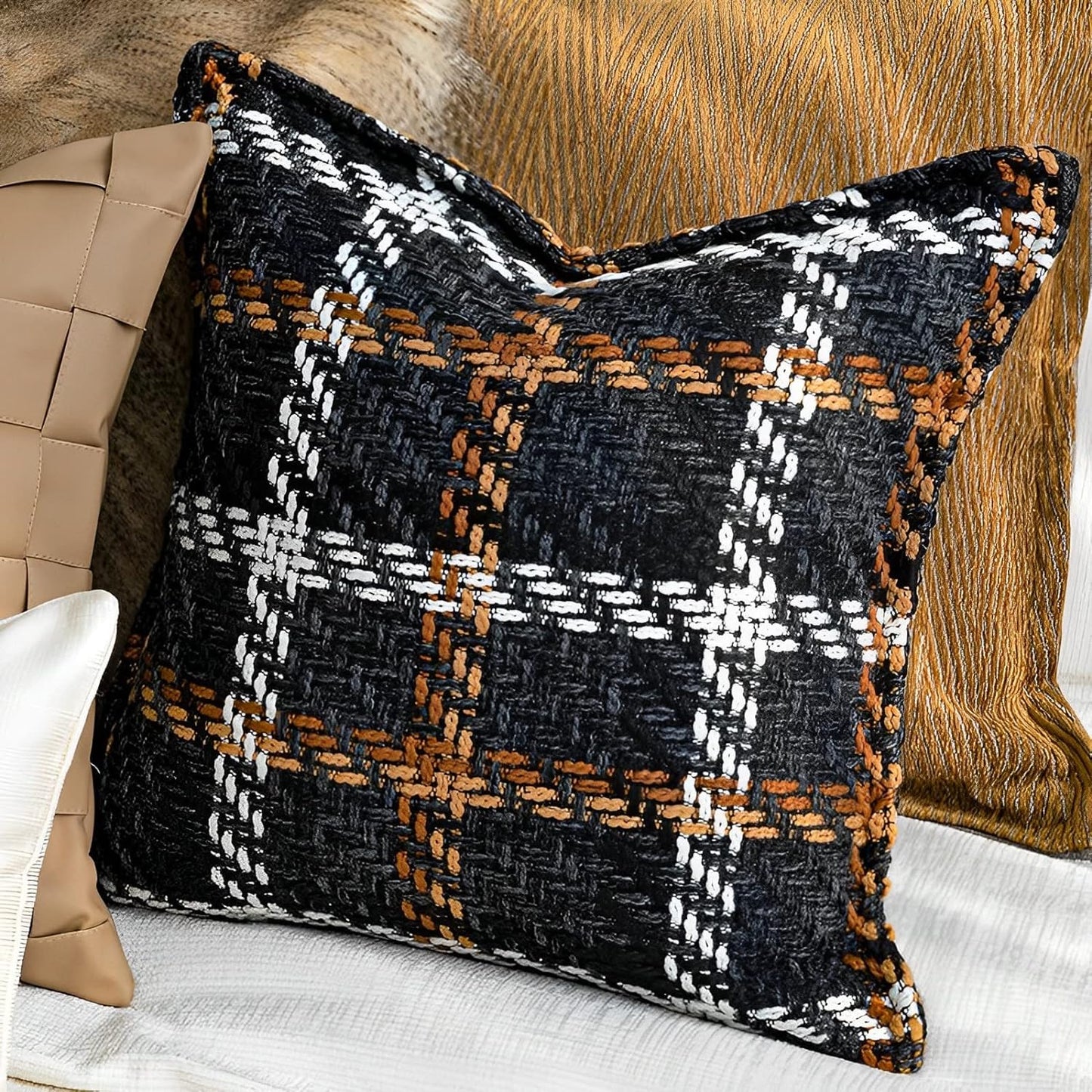 Indoor/Outdoor Tweed Brown Striped Plaid Farmhouse Decorative Throw Pillow Cover 18X18 in Luxury Accent Neutral Textured Art Cushion Pillow Case for Living Room Couch Bed Sofa