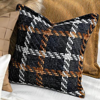 Indoor/Outdoor Tweed Brown Striped Plaid Farmhouse Decorative Throw Pillow Cover 18X18 in Luxury Accent Neutral Textured Art Cushion Pillow Case for Living Room Couch Bed Sofa